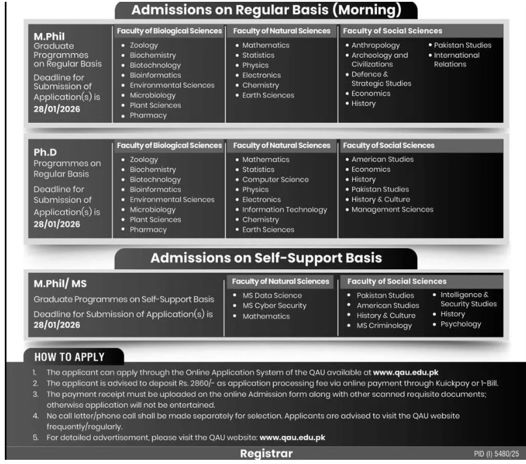 Admission notice for Quaid-i-Azam University Islamabad